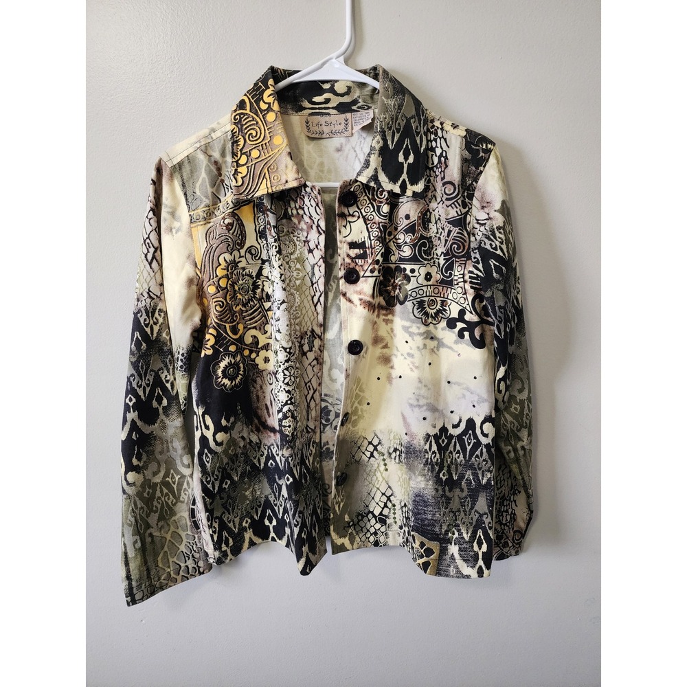 Life Style Jacket Size Small Cotton Mixed Print Beaded Earthy Boho Paisley